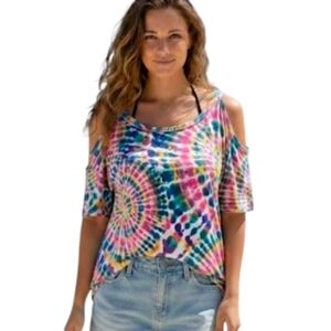 R Rouge Colorful Tie-Dye Cold Shoulder Top